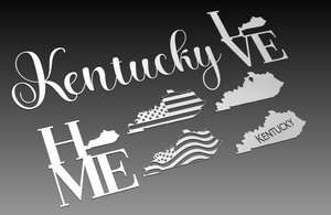 The Kentucky State Theme - DXF Cut Ready File Collection by Hytek Tools features digital artwork with Kentucky in cursive, LOVE and HOME using state shapes, five outlines (two with flag designs), ideal for fiber laser CNC machines. The background transitions from dark to light gray.