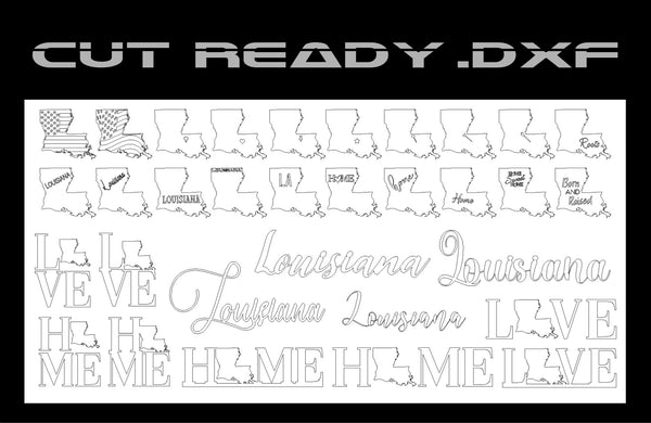 The Louisiana State Theme - DXF Cut Ready File Collection by Hytek Tools includes designs like the state outline and phrases such as LOVE and HOME, integrated with the state shape. Its ideal for fiber laser or CNC router cutting, featuring the text CUT READY .DXF prominently displayed.