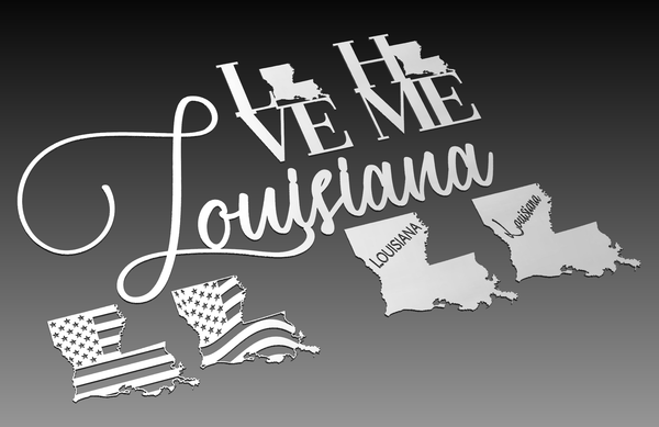 The Louisiana State Theme DXF Cut Ready File Collection by Hytek Tools features a text image with Louisiana in script, LOVE ME above a state outline, and four Louisiana outlines: two with American flag patterns, one simple label, and one in script. Perfect for CNC or fiber laser projects.