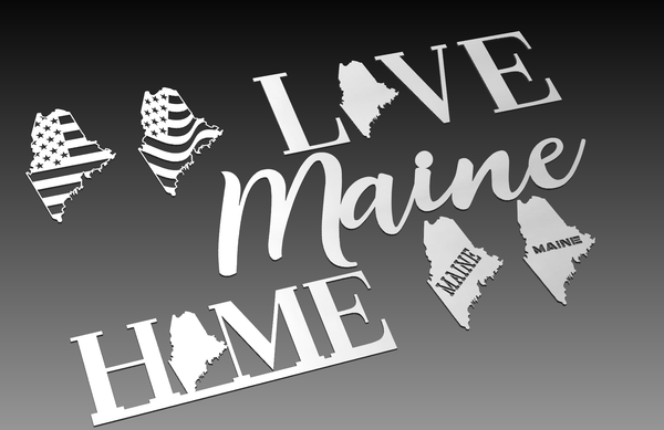 The Maine State Theme - DXF Cut Ready File Collection by Hytek Tools features metal cutouts spelling LOVE and HOME, using Maines shape as the letter O. It includes American flag-themed and plain Maine designs, ideal for digital artwork enthusiasts seeking unique DXF files.