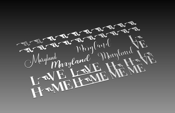 Discover the Maryland State Theme - DXF Cut Ready File Collection by Hytek Tools. Featuring a captivating blend of Maryland text styles and a home design with the states map outline, precision-crafted using fiber laser on a striking gradient backdrop, ideal for all your digital artwork needs.