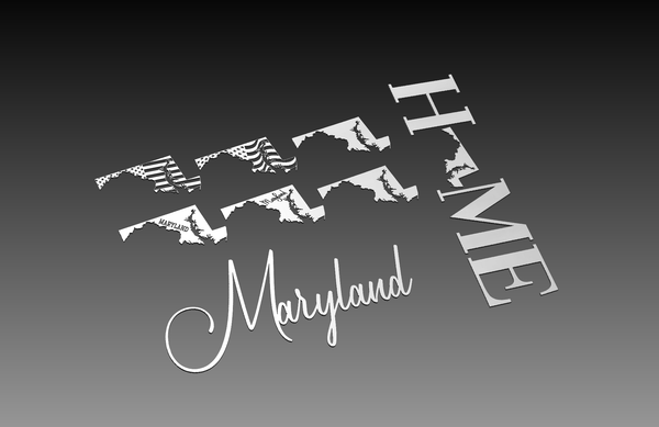 The Maryland State Theme - DXF Cut Ready File Collection by Hytek Tools features stylized maps of Maryland with HOME letters, Maryland in elegant script, and a black-to-gray gradient, ideal for digital artwork or fiber laser projects.