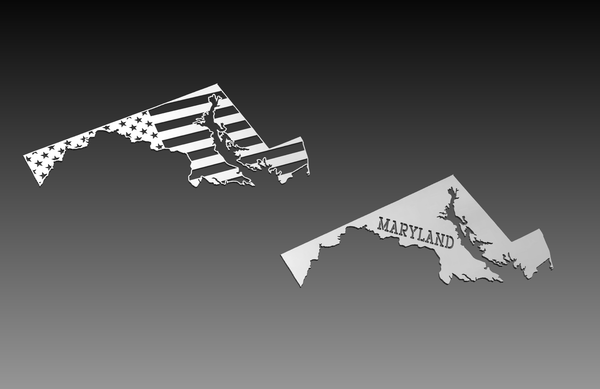 The Maryland State Theme - DXF Cut Ready File Collection by Hytek Tools features two outlined Maryland shapes on a gradient background. The top shape has an American flag design, while the bottom one reads Maryland, ideal for vibrant displays or fiber laser projects.