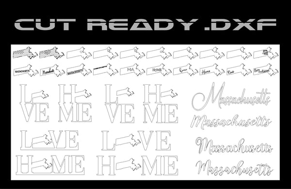 The Massachusetts State Theme DXF Cut Ready File Collection by Hytek Tools features design sheets with the word HOME, where the O is replaced by Massachusettss outline. The sheets offer diverse font styles, script Massachusetts versions, and decorative arrows, marked as Cut Ready DXF File at the top.