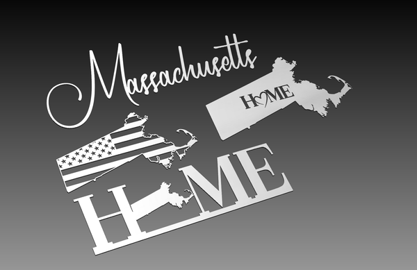 The Massachusetts State Theme - DXF Cut Ready File Collection by Hytek Tools includes state map cutouts featuring HOME with a heart and one with an American flag, using the map as the O in HOME. Perfect for projects, these designs have a gradient gray background.