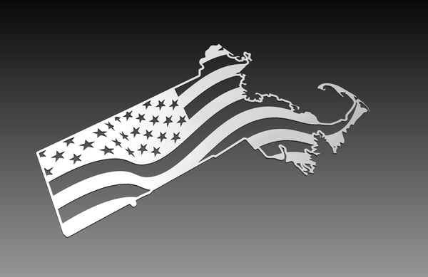 The Massachusetts State Theme - DXF Cut Ready File Collection by Hytek Tools - Fiber Laser Sales - USA features a silhouette of Massachusetts with a stylized American flag design, featuring wavy stripes and stars on a gray gradient background, perfect for DXF file creation.