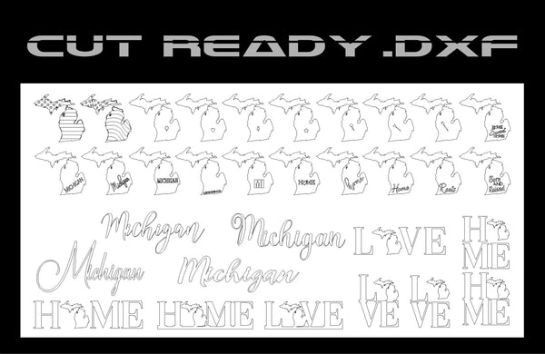 Presenting the Michigan State Theme - DXF Cut Ready File Collection by Hytek Tools - Fiber Laser Sales - USA: a versatile set of Michigan-themed outlines, digital artwork vectors, and decorative designs integrating phrases like Michigan and Home with the states iconic silhouette.