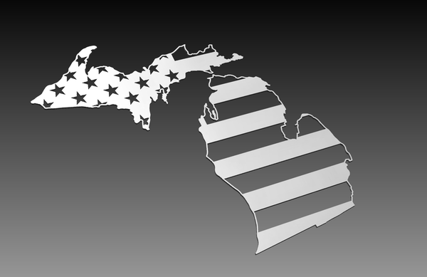 The Michigan State Theme DXF Cut Ready File Collection from Hytek Tools features a digital artwork silhouette of Michigan, split into two parts: the starry upper peninsula and lower peninsula with US flag stripes, set against a gradient, ideal for fiber laser cutting.