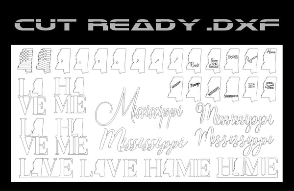 The Mississippi State Theme - DXF Cut Ready File Collection by Hytek Tools showcases vector graphics and text designs of state outlines, American flags, and phrases like LOVE, HOME, and Mississippi in diverse fonts—ideal for laser CNC projects.