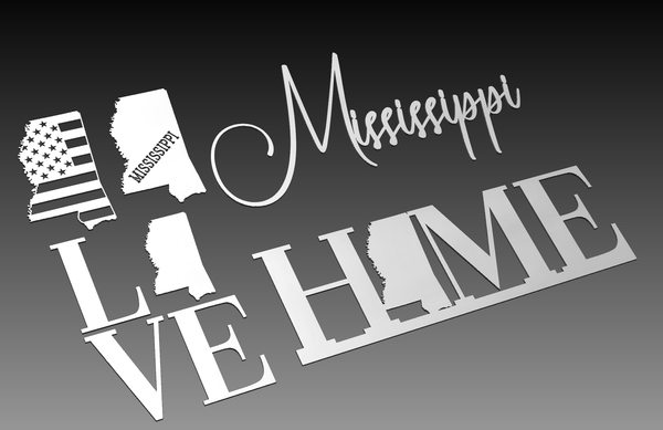 Explore our Mississippi State Theme by Hytek Tools, featuring word art designs with Mississippi and map outlines. The words LIVE and HOME integrate the states shape and an American flag design, perfect for your DXF Cut Ready File Collection. Ideal for Laser CNC routers on a black-to-gray gradient background.