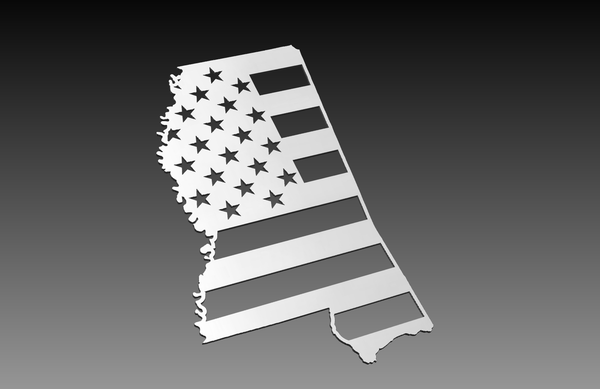 Featuring a Mississippi silhouette with an American flag in silver on a black to gray gradient, this Hytek Tools product is perfect for those seeking a Mississippi theme. Part of the Mississippi State Theme - DXF Cut Ready File Collection, its ideal for Laser CNC routers.