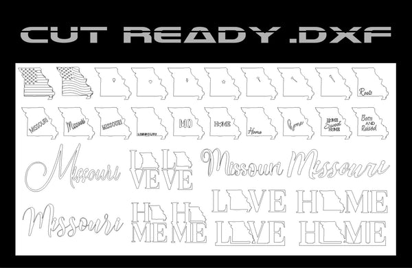 The Missouri State Theme - DXF Cut Ready File Collection by Hytek Tools includes outlines of Missouri with various text styles and decorative cursive scripts, featuring flags and names like Missouri and MO, perfect for CNC Routers or Fiber Laser enthusiasts.
