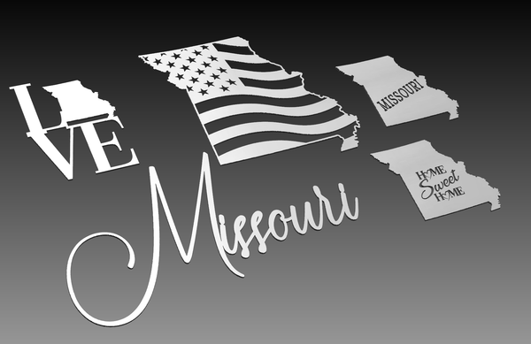 Hytek Tools Missouri State Theme DXF collection features grayscale designs of stylized cutouts, including Love, Missouri, and Home Sweet Home with American flag patterns. Ideal for CNC routers and fiber lasers, perfect for a Missouri-themed project.
