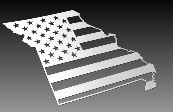 The Missouri State Theme - DXF Cut Ready File Collection from Hytek Tools - Fiber Laser Sales - USA features a Missouri silhouette with American flag designs. Its stars and stripes contrast on a gradient gray background, making it perfect for CNC router projects.