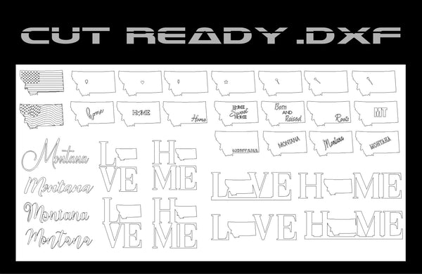 The Montana State Theme - DXF Cut Ready File Collection by Hytek Tools offers a range of laser-cut designs with Montana-themed outlines, incorporating various texts and patterns like heartfelt phrases such as Love and Home in different fonts and decorative elements.