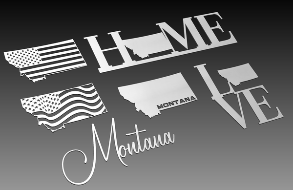 The Montana State Theme - DXF Cut Ready File Collection by Hytek Tools features metal signs spelling HOME, with O as Montanas shape. Includes a flag-designed Montana and Montana in cursive on a gray background, ideal for CNC routers.