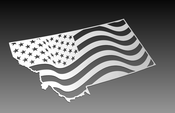 The Montana State Theme DXF Cut Ready File Collection by Hytek Tools features a silhouette of Montana with an American flag design of stars and stripes on a gradient gray background, ideal for themed projects or laser cutting.