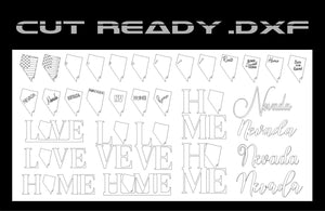 This digital artwork showcases Nevada and Indiana state shapes with integrated words like LOVE and HOME. Designed for Fiber Laser CNC projects, it uses the Nevada State Theme - DXF Cut Ready File Collection by Hytek Tools - Fiber Laser Sales - USA.