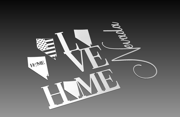 Hytek Tools Nevada State Theme - DXF Cut Ready File Collection includes decorative cutout letters spelling LOVE and HOME, featuring Nevada-themed digital artwork. One shape showcases an American flag design with Nevada in cursive, set against a black-to-gray gradient background.