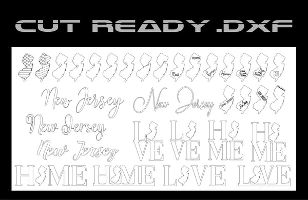 The New Jersey State Theme - DXF Cut Ready File Collection by Hytek Tools includes vector line designs of New Jersey outlines, with phrases like New Jersey, LOVE, and HOME in various fonts, along with heart and map elements, ready for cutting.