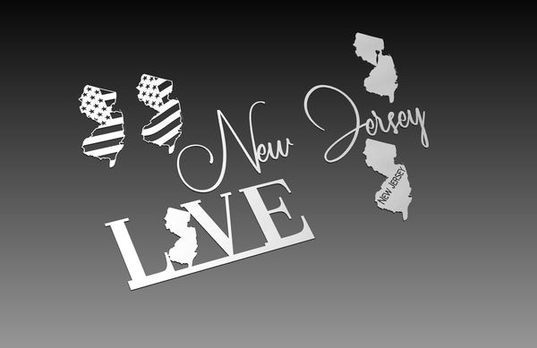 The New Jersey State Theme - DXF Cut Ready File Collection by Hytek Tools features silhouettes on a gray background with designs like the American flag, LOVE incorporating the state outline, and cursive New Jersey. Ideal for vector line design fans with a New Jersey focus.