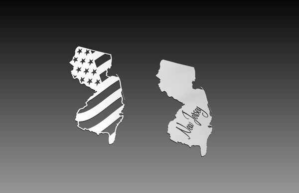 In the New Jersey State Theme - DXF Cut Ready File Collection by Hytek Tools, two New Jersey silhouettes are featured: the left with a U.S. flag pattern, the right plain with New Jersey in cursive. A smooth black-to-gray background enhances this perfect addition to your collection.
