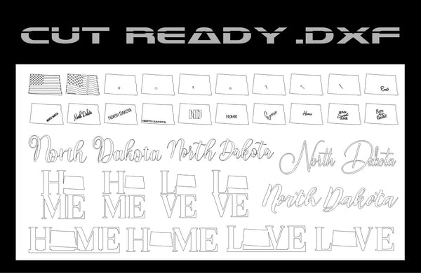 The North Dakota Theme - DXF Cut Ready File Collection by Hytek Tools offers a range of text and symbol templates featuring North Dakota-themed digital art, such as maps, US flags, and the words Home and Love, each with creative fonts for North Dakota.