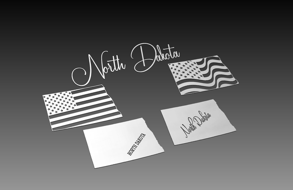 The North Dakota Theme - DXF Cut Ready File Collection by Hytek Tools - Fiber Laser Sales - USA features grayscale digital art with four stylized maps of North Dakota, American flag patterns, cursive North Dakota text, and a gradient background.
