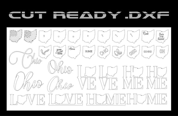 Explore the Ohio Theme - DXF Cut Ready File Collection by Hytek Tools, featuring digital artwork vectors of Ohio with state outlines adorned with phrases like Ohio, Born and Raised, and Love under an American flag, showcasing various fonts and styles.