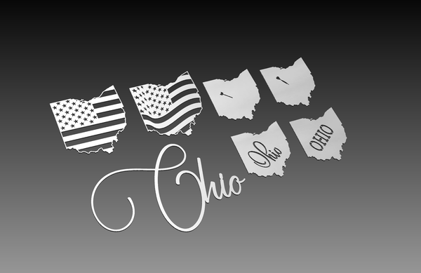 Discover the Ohio Theme - DXF Cut Ready File Collection by Hytek Tools, featuring vector artwork with silhouettes: two American flag designs, a heart, an arrow, and two with Ohio in unique fonts on gradient backgrounds. Ideal for expanding your DXF file collection.
