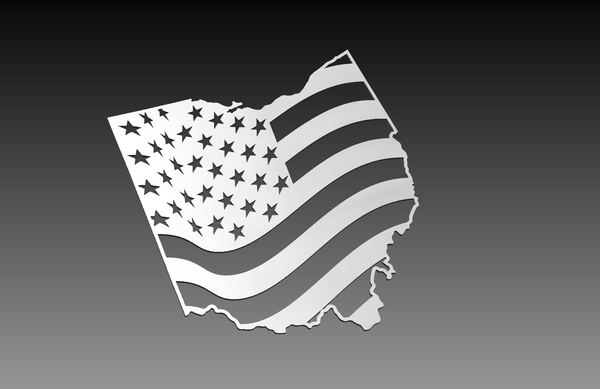 The Ohio Theme - DXF Cut Ready File Collection by Hytek Tools features a state outline filled with a flag-like stars and stripes design. The background gradients from black to light gray, perfect for an Ohio-themed project.