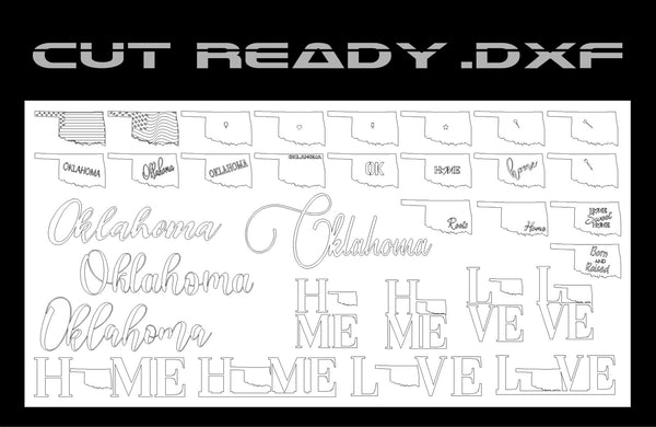 The Oklahoma Theme - Cut Ready DXF File Collection from Hytek Tools - Fiber Laser Sales - USA offers a curated set of outline designs featuring Oklahoma maps, script text, and heart shapes with words like Home and Love, perfect for any Oklahoma-themed project.