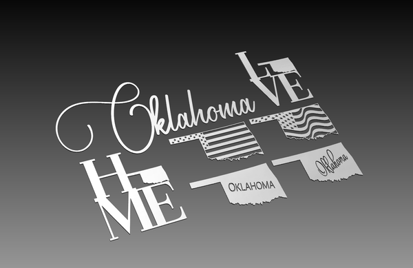 Introducing the Oklahoma Theme - Cut Ready DXF File Collection by Hytek Tools, featuring decorative text design with HOME and Oklahoma as the O. Includes state shape and artistic LOVE in stripes and waves on a gradient background—ideal for Oklahoma-themed projects.