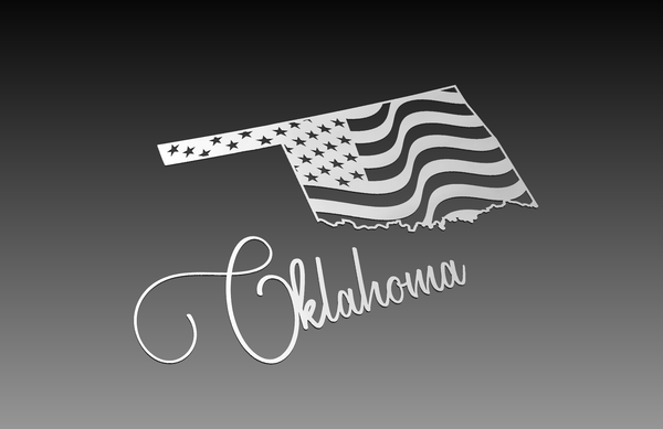 This digital artwork by Hytek Tools features Oklahomas outline with a monochrome American flag pattern and Oklahoma in cursive. The background fades from black to gray, ideal for the Oklahoma Theme - Cut Ready DXF File Collection.
