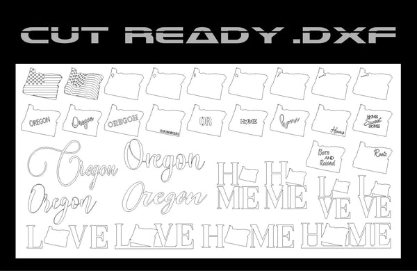 Explore our Oregon Theme - Cut Ready DXF File Collection by Hytek Tools, featuring CNC-ready .dxf outlines of Oregon with text styles such as Home, Love, and Born and Raised, plus unique American flag designs in the shape of Oregon.