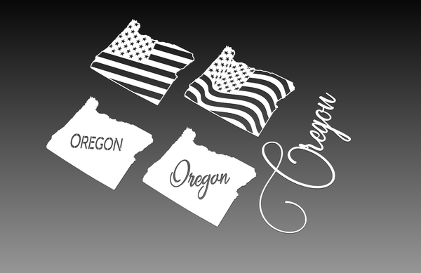 The Oregon Theme - Cut Ready DXF File Collection by Hytek Tools - Fiber Laser Sales - USA offers stylized digital artwork featuring Oregon maps with a US flag design and OREGON text variations, ideal for CNC routers. The files include a black-to-gray gradient background.
