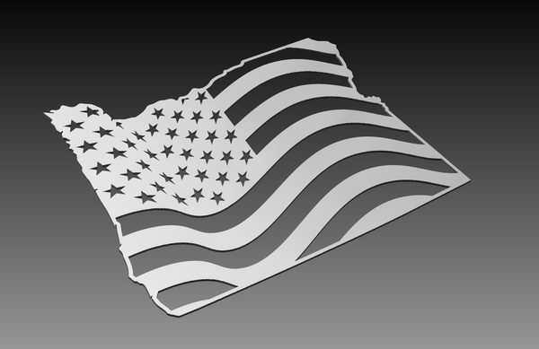 The Oregon Theme - Cut Ready DXF File Collection by Hytek Tools features a stylized metallic cut-out of Oregon with an American flag design, perfect for fiber laser cutting against a gradient backdrop.