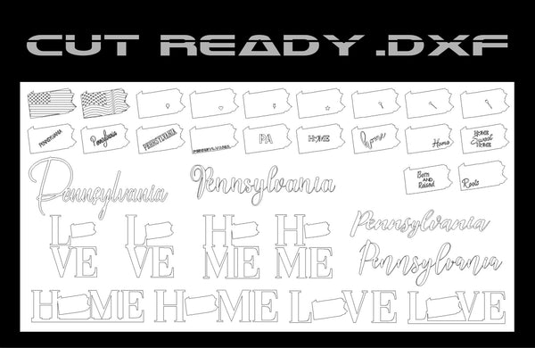 The image features vector line shapes of outlined Pennsylvania state forms from the Pennsylvania Theme - DXF Cut Ready File Collection by Hytek Tools, adorned with diverse texts like HOME and LOVE, and patterns such as flags or names.