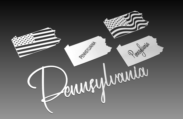 The Pennsylvania Theme - DXF Cut Ready File Collection by Hytek Tools features four unique state shapes: an American flag design, a mirrored version, one labeled PENNSYLVANIA, and a script style. Below is Pennsylvania in cursive on a black-to-white gradient background, perfect for .dxf format designs.