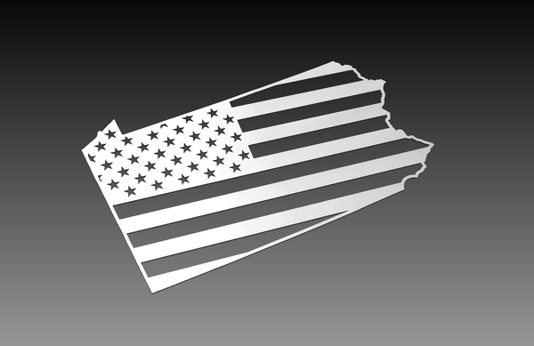 The Pennsylvania Theme - DXF Cut Ready File Collection by Hytek Tools features a grayscale American flag in Pennsylvanias silhouette, with vector outlines of stars and stripes on a dark gradient, perfect for state-themed designs in .dxf format.