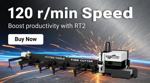 The NEW ROBOTUBE™ MODEL RT2 Fiber Laser Metal Tube Cutter from Hytek Tools operates at 120 r/min, boosting productivity. Sparks fly as it cuts tubes. “Buy Now” button appears on the left.