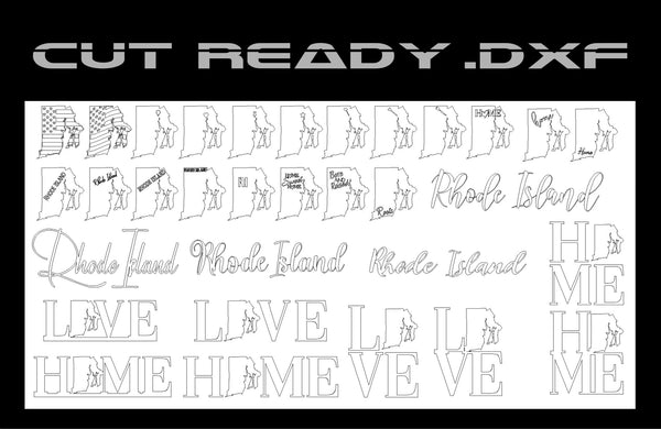 The image features the Rhode Island Theme - DXF Cut Ready File Collection by Hytek Tools, offering vector designs of Rhode Island outlines, creative fonts spelling Rhode Island, words like LOVE and HOME with state shapes, and USA Flag Theme Artwork in .dxf format.