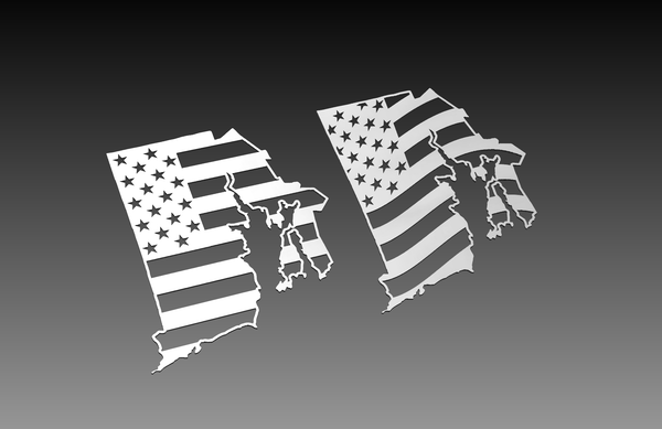 Two gray silhouettes of Rhode Island, styled with an American flag pattern—left with stars and stripes, right reversed. This vector design is from the Rhode Island Theme - DXF Cut Ready File Collection by Hytek Tools - Fiber Laser Sales - USA. It features a gray gradient background.