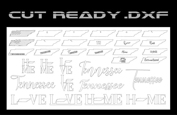 The image showcases Hytek Tools Tennessee Theme - DXF Cut Ready File Collection, featuring Tennessee state shapes. Words like Tennessee, Home, and Love appear in various styles, including a USA Flag Theme with hearts, capturing the essence of American pride.