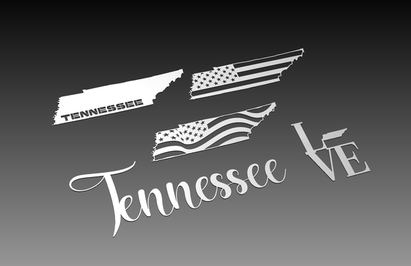 The Tennessee Theme - DXF Cut Ready File Collection by Hytek Tools - Fiber Laser Sales - USA features a digital art vector with Tennessees outline, the word LOVE with the O shaped like Tennessee, and a waving USA flag pattern in block and script fonts.