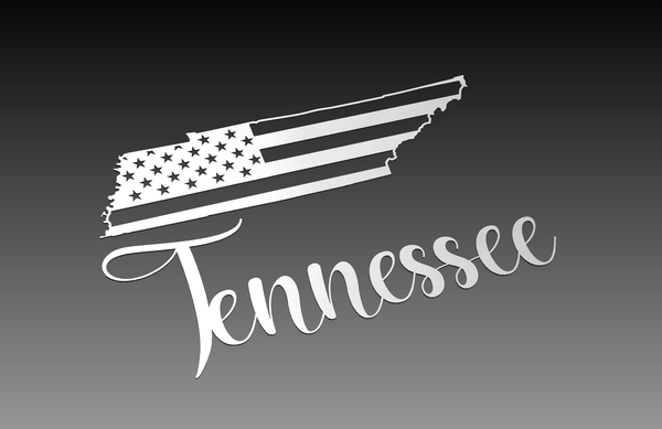 The Tennessee Theme - DXF Cut Ready File Collection by Hytek Tools features a digital vector art silhouette of Tennessee with an American flag pattern on top, and Tennessee in elegant cursive over a black-to-gray gradient.