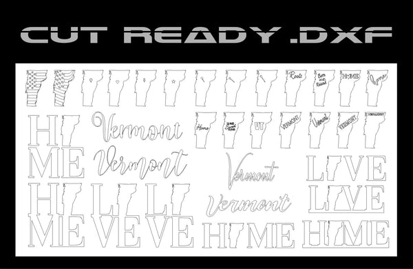 The Vermont Theme from the Hytek Tools - Fiber Laser Sales - USA features a Cut Ready .DXF design with black and white outlines of Vermont. It includes words like Vermont, Home, Live, and Me in various fonts, capturing the essence of Vermont and a USA flag theme. Part of their exclusive collection.