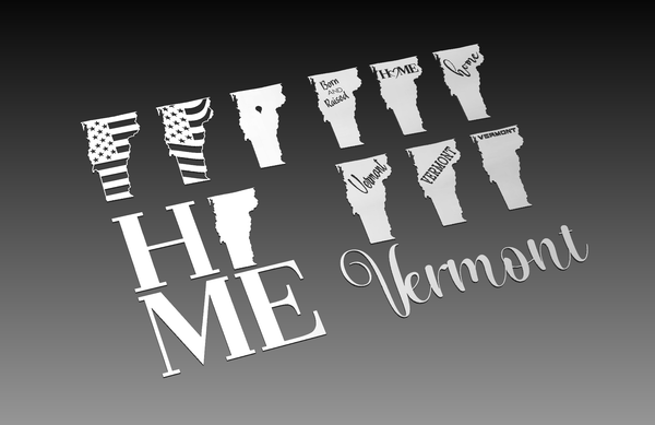 Discover the Vermont Theme - Cut Ready File Collection by Hytek Tools, featuring .dxf designs with outlines of Vermont and text like HOME, VERMONT, FREEDOM. Includes a design merging the Vermont and USA Flag themes with a black-to-light gray gradient background.