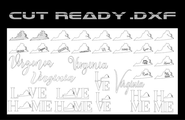 Image displaying various Virginia outline designs labeled with text like Virginia, Home, Love. Arranged in rows on a white backdrop, featuring a USA Flag Vector for patriotism. Titled Virginia Theme - Cut Ready File Collection by Hytek Tools - Fiber Laser Sales - USA at the top.