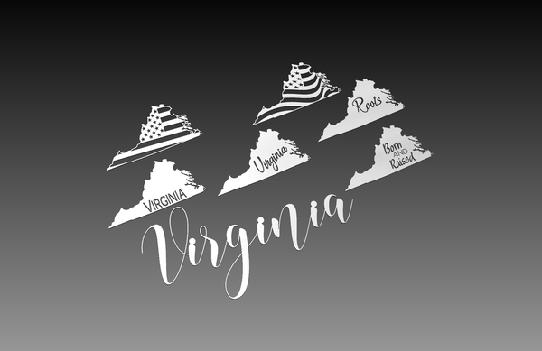 The Virginia Theme - Cut Ready File Collection by Hytek Tools features diverse designs like ships, stripes, and text (e.g., Virginia, Roots, Born and Raised) on silhouettes of Virginia state maps. Set against a gray gradient background with vivid USA Flag Vector details and Virginia in cursive below.